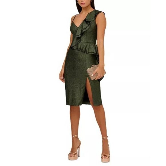 Aidan Adrianna Papell Womens Size 6 Green Metallic Ruffle V-Neck Cocktail Dress - Picture 1 of 14